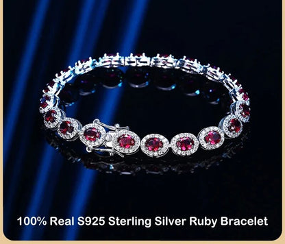 S925 Sterling Silver Full Ruby Tennis Bracelet, Party Fine Jewelry for Women, Lab Grown Gemstone Hand Link Bracelet