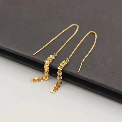 Gold Drop Earrings, Simple Phoenix Tail Design Pure  Tassel Earrings, Fine Jewelry Wedding Gifts for Women