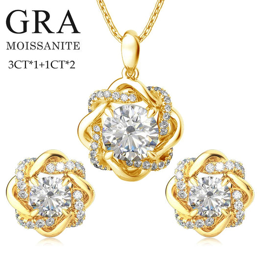 Moissanite Jewelry Necklace Earrings and Bracelet 4 Piece Set for Women 925 Silver Wedding Luxury Gift