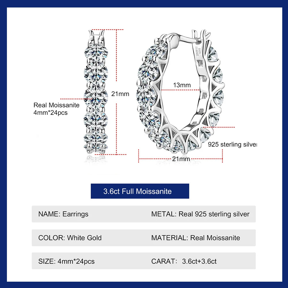 Moissanite Hoop Earrings, Original Certified 925 Silver,  Moissanite Earrings, Women's Wedding Jewelry, 4mm