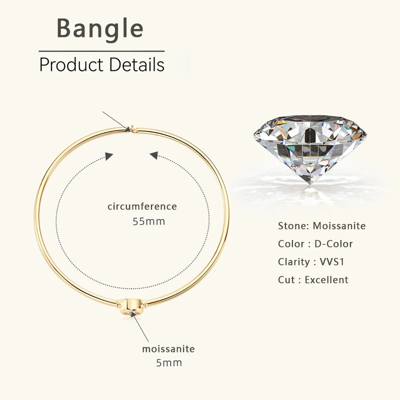 925 Silver Original Certified Bangle Bezel 5mm Moissanite Bracelet, Simple Hand Chain for Women, 2024 Trend Fashion Jewelry