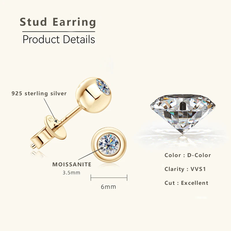 2SETS Women's Moissanite Stud Earrings, 925 Sterling Silver, Ball Shape Earrings, Pendant Piercing, Minimalist Jewelry, 3.5mm