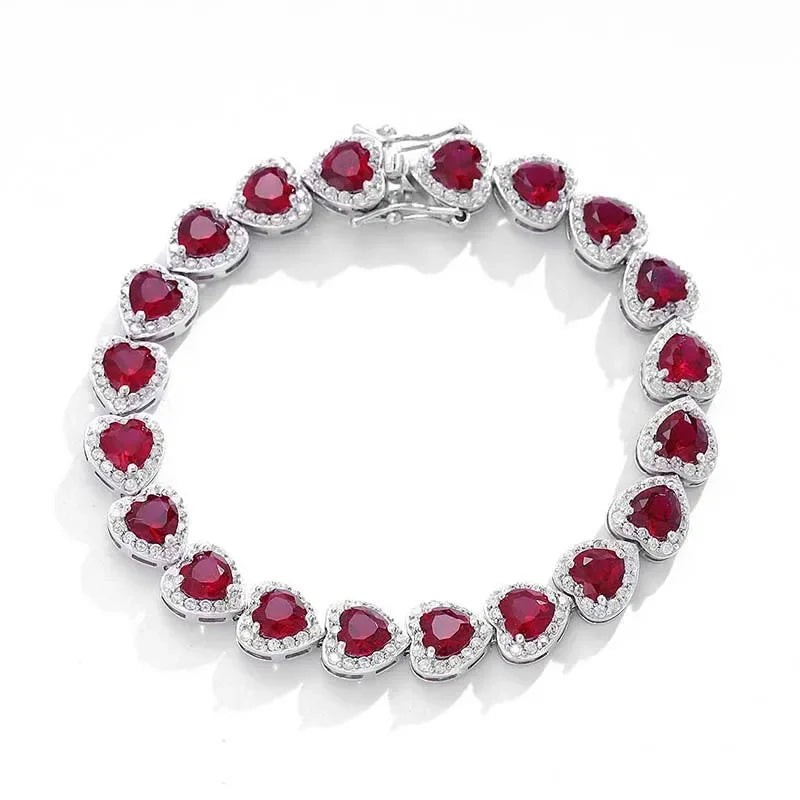 S925 Sterling Silver Full Ruby Tennis Bracelet, Party Fine Jewelry for Women, Lab Grown Gemstone Hand Link Bracelet