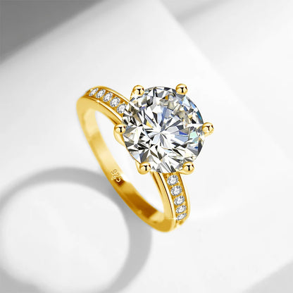 yellow gold moissanite ring, brilliant cut pass, luxury wedding jewelry, highest quality