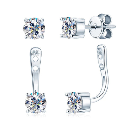 Women's 925 Sterling Silver Earrings, 2sets Front and Back Double Sided, 5mm Moissanite Stud Earrings, 2 in 1 Piercing Jewelry