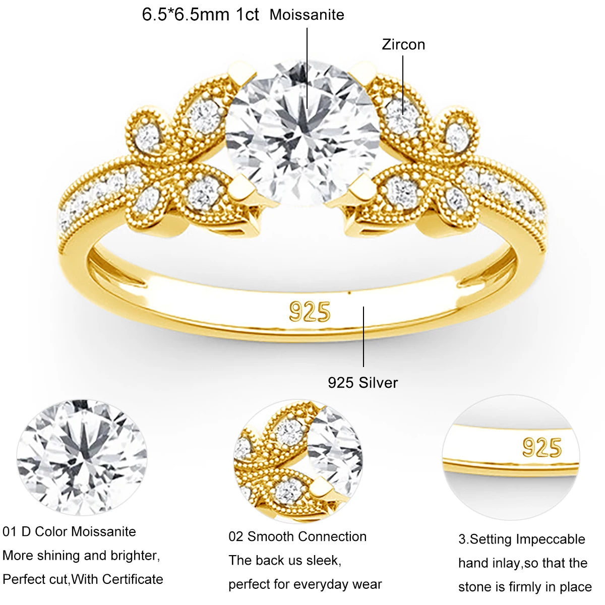Women's Moissanite Ring, Yellow, White , Engagement Wedding Ring