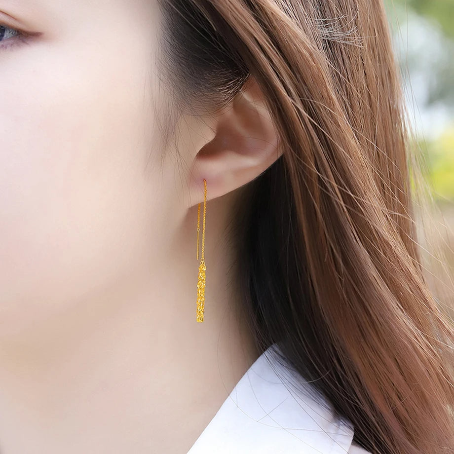 Gold Drop Earrings, Simple Phoenix Tail Design Pure  Tassel Earrings, Fine Jewelry Wedding Gifts for Women
