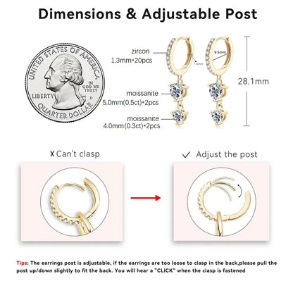 2Sets   Women's Round Moissanite Long Tassel Earrings, 100% 925 Sterling Silver Hoop Dangle Earrings, Wedding Jewelry Gifts, 4mm, 5mm