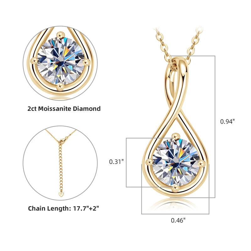 Women's Infinity Pendant Necklace, Teardrop D color , gold-plated solitaire round, 8 mm, moissanite, 925 sterling silver.