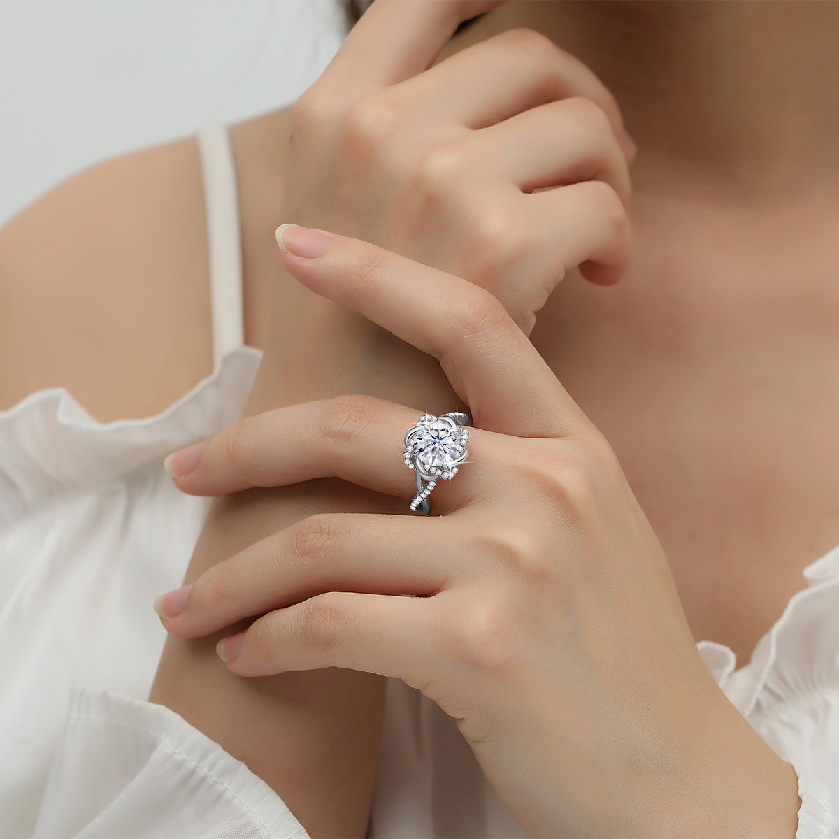 Moissanite Certified Ring for Women, Original Sterling Silver 925 Ring, Flower Twist Luxury Wedding Jewelry