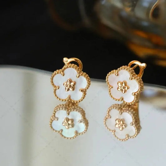 Rose gold natural white fritillaria plum earrings, European trend, elegant luxury brand, exquisite jewelry gift