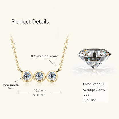925 sterling silver necklace for women, round bezel setting, 3mm moissanite pendant, 3 stone necklace choker, birthday gift 2024, new product