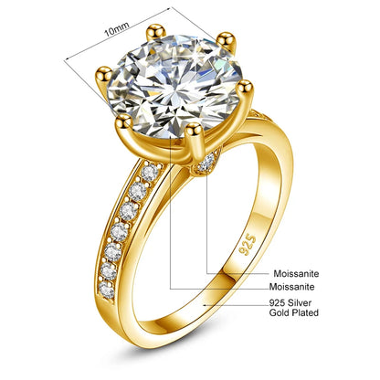 yellow gold moissanite ring, brilliant cut pass, luxury wedding jewelry, highest quality