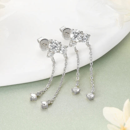 Women's Moissanite Earrings, 2SETS Certified 925 Silver Tassel Chain Earrings, Sparkly Temperament, Daily Jewelry Gift, 925