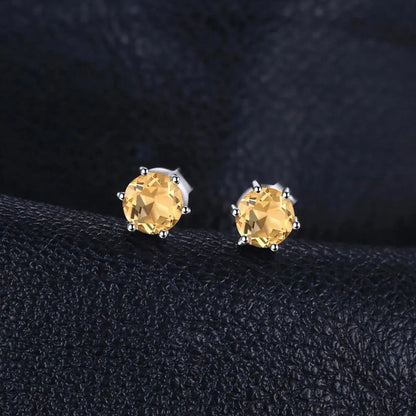 Women's Stud Earrings, Round Natural Yellow Citrine, 925 Sterling Silver, Statement Fashion Jewelry Gift